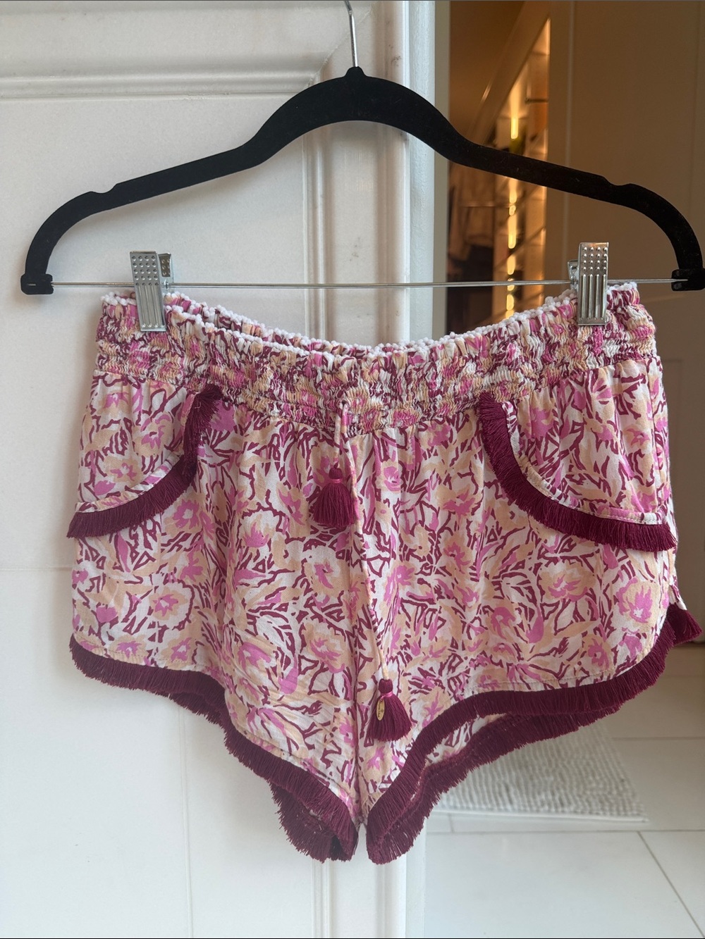 Poupette St. Barth Pink Floral Tassel Fringe Shorts